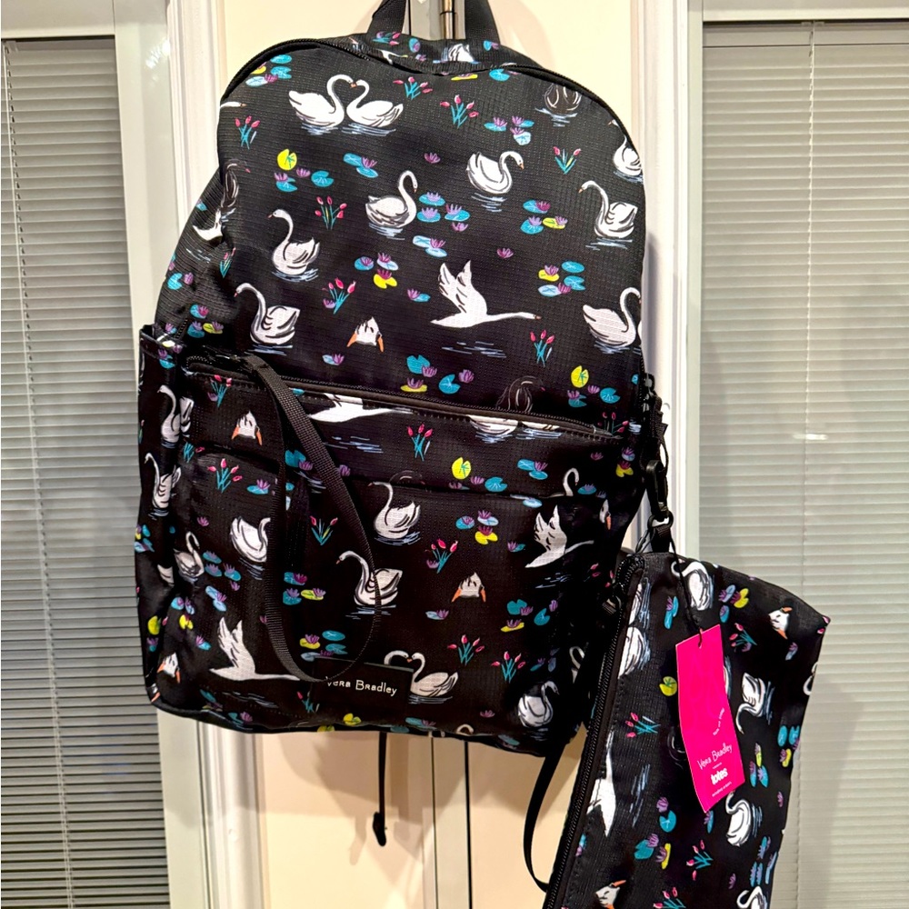 Vera Bradley! Backpack and pouch, $80 value! Black with multi color!